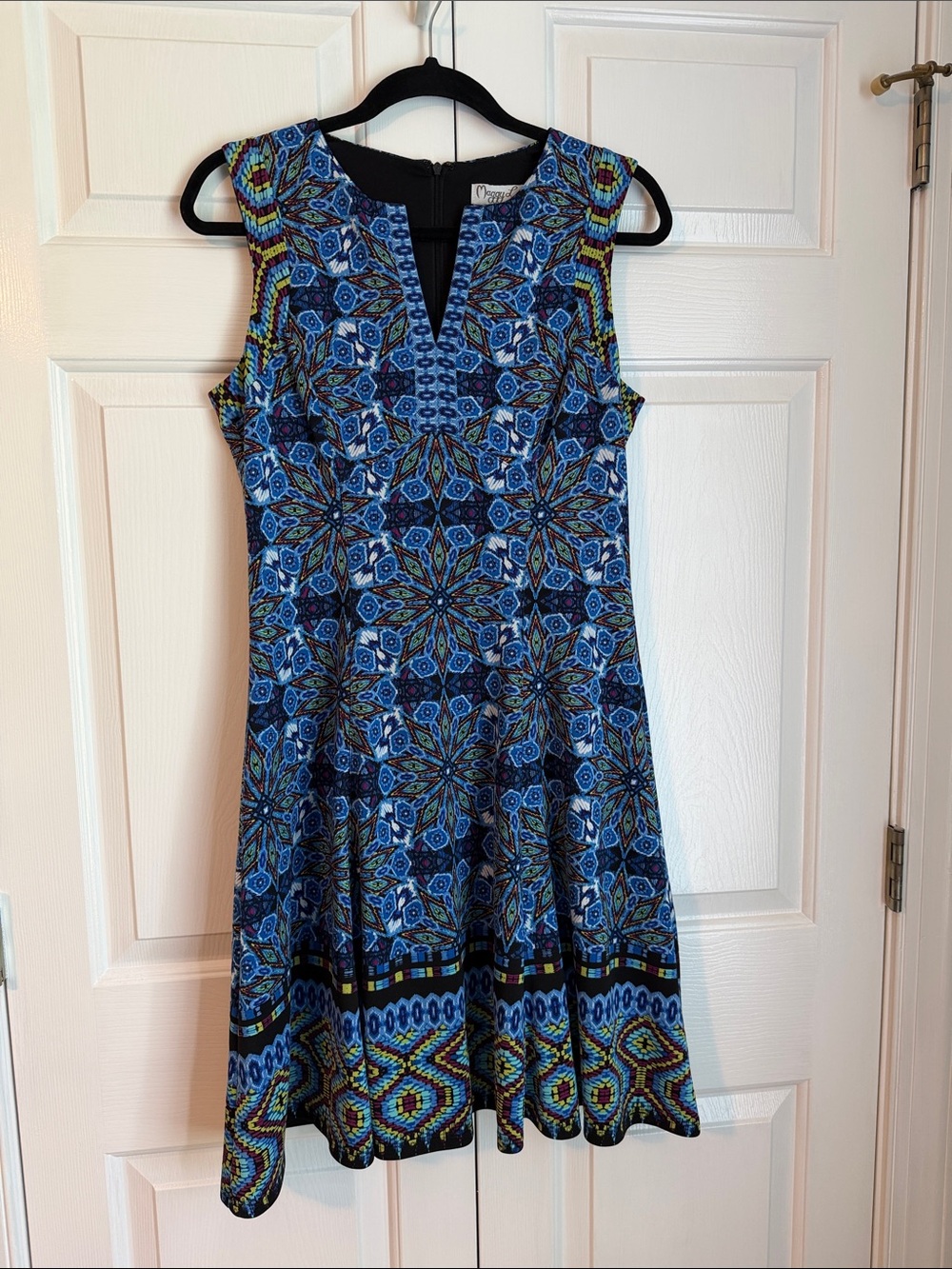 Sleeveless Blue Mosaic-Print Fit & Flare Dress